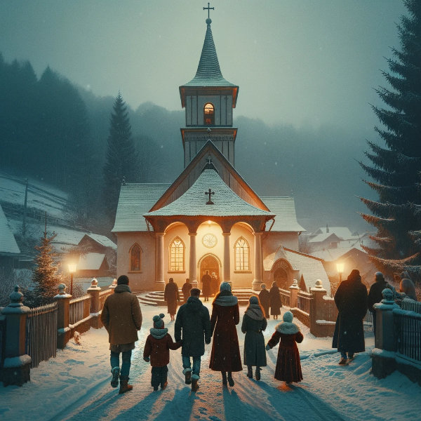 Eine Familie geht an Weihnachten in die Kirche