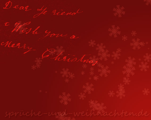 Weihnachtskarte mit Schriftzug 'Merry Christmas' auf rotem Hintergrund mit weihnachtlichem Dekor wie Sternen und Schneeflocken